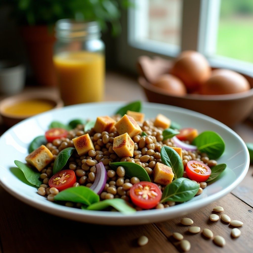 Ensalada fría de lentejas marrones con espinacas verdes, tofu ahumado dorado en cubos, tomates cherry rojos, cebolla morada y semillas de girasol, servida en un bol blanco con aliño dorado.