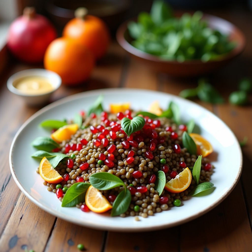 Ensalada mediterránea alta en fibra con lentejas pardinas, semillas de granada rojas brillantes, pimiento rojo asado, cebolla morada y espinacas baby, bañada en una vinagreta dorada de naranja. Decorada con albahaca fresca y semillas de sésamo tostadas sobre un plato de cerámica blanca.