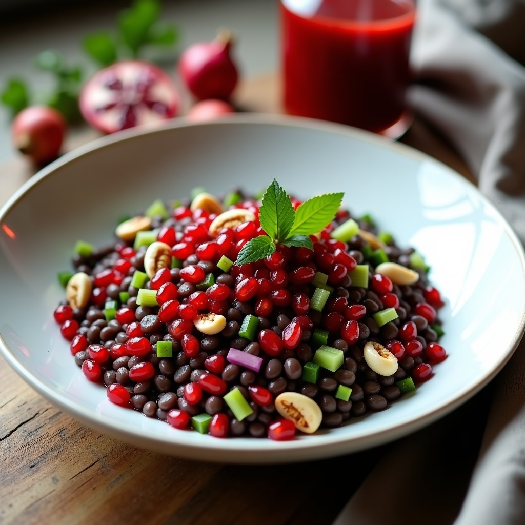 Ensalada vegana de lentejas beluga negras con granos de granada rojos brillantes, apio picado, cebolla morada y nueces de Brasil tostadas, servida en un bol blanco con aderezo de granadina oscuro. Plato alto en hierro y antioxidantes.
