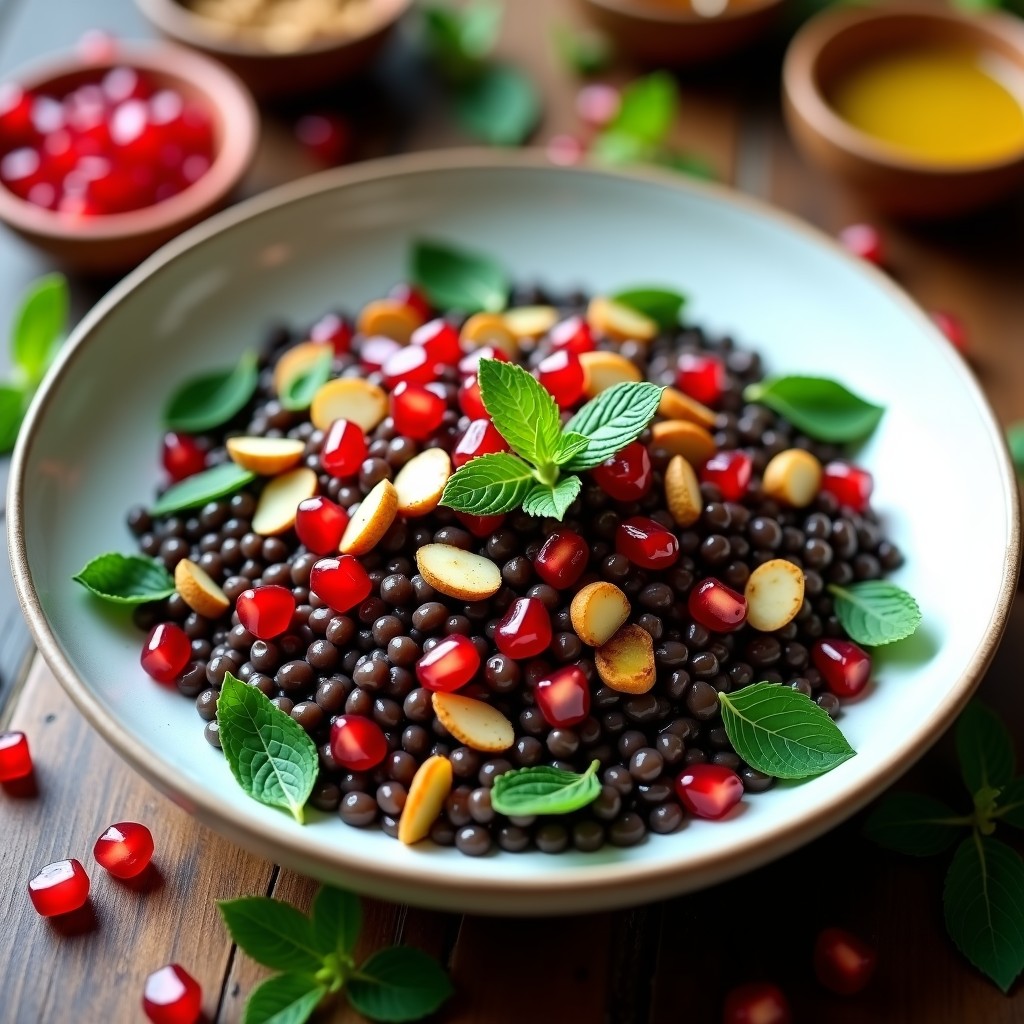 Ensalada persa vibrante en un bol de cerámica blanca con lentejas beluga oscuras, semillas de granada rojas brillantes, hojas de menta verde fresco y almendras doradas. La vinagreta dorada resalta los colores. Plato fresco, saludable y alto en hierro.