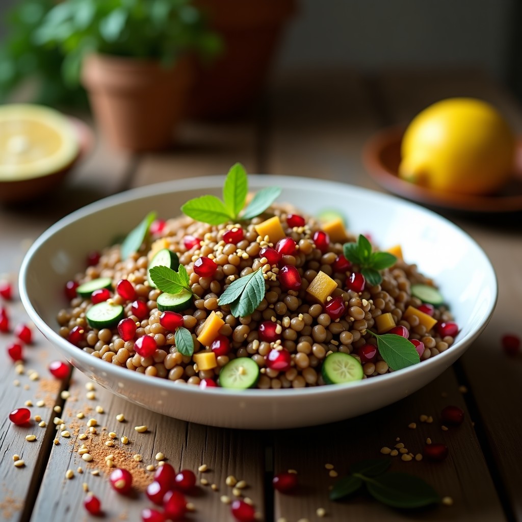 Ensalada árabe vegana en un plato blanco de cerámica con lentejas pardinas, semillas de granado rojo brillante, pepino en cubos, cebolla morada y perejil fresco. Decorada con semillas de sésamo tostadas y un espolvoreado de canela, acompañada de una vinagreta dorada de limón y comino.