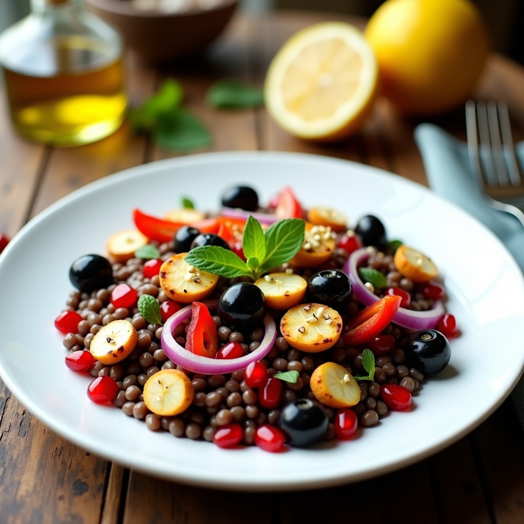 Ensalada griega colorida en plato hondo de cerámica blanca: lentejas pardinas, granos de granada rojos brillantes, rodajas doradas de queso halloumi, rúcula verde, cebolla morada y aceitunas Kalamata, bañada en vinagreta de limón con hierbas frescas.