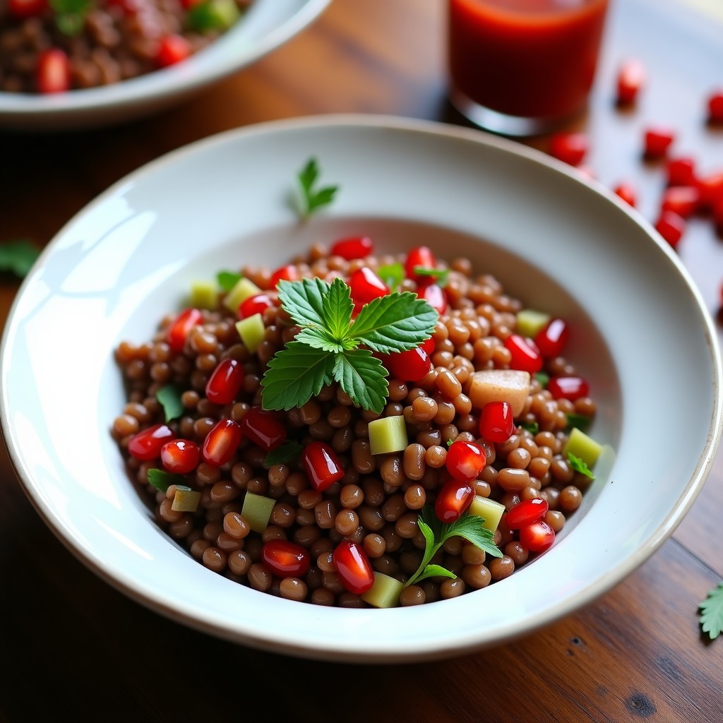 Ensalada iraní de lentejas pardinas al dente con granos de granada rojos brillantes, cebolla morada caramelizada y perejil fresco, servida en un bol de cerámica blanca con vinagreta de granada y comino. Plato colorido y alto en antioxidantes.