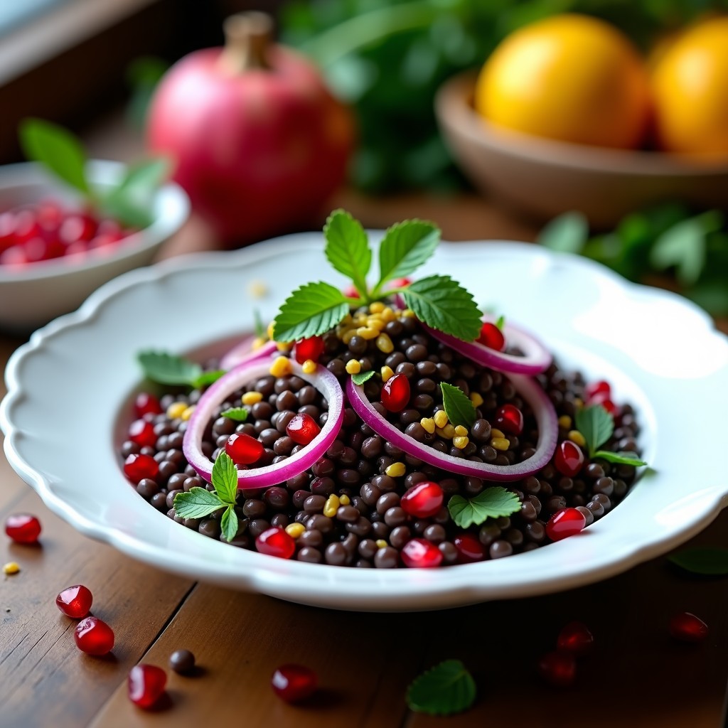 Ensalada iraní de lentejas negras y granada con aderezo de limón seco, servida en un bol de cerámica blanca con decoración de semillas de sésamo y hojas de menta fresca, sobre un fondo de madera rústica.
