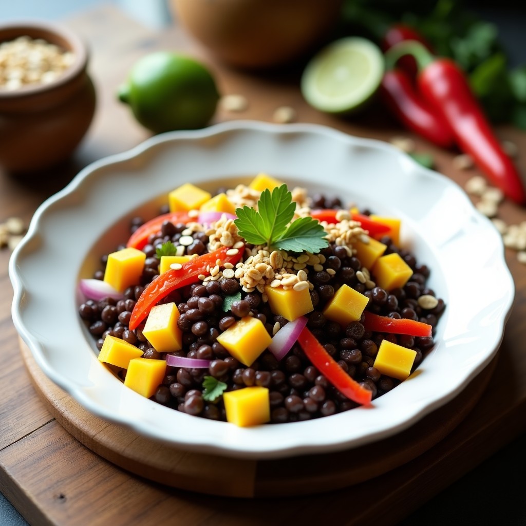 Ensalada colorida en bol blanco con lentejas negras, cubos de mango amarillo, avena tostada dorada, cebolla morada y semillas de sésamo, decorada con cilantro fresco.