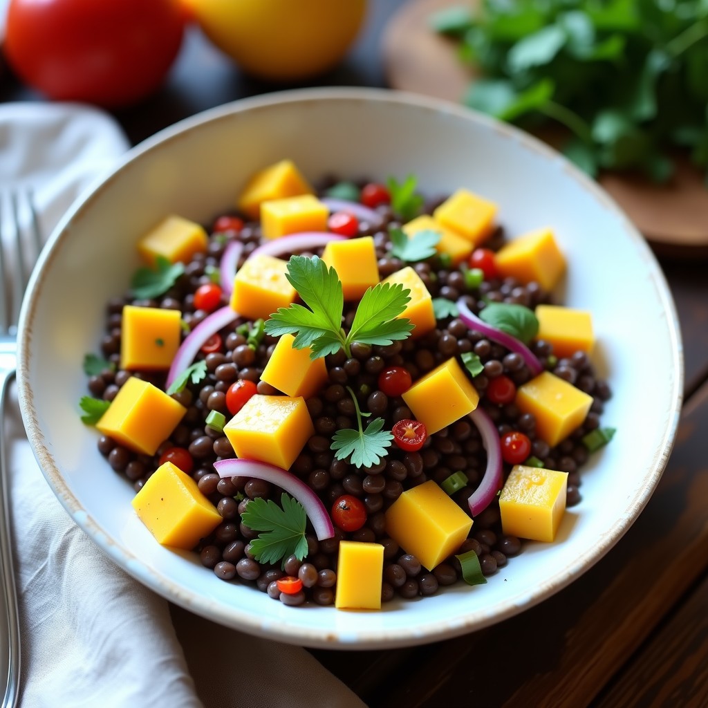 Ensalada fresca de lentejas negras con cubos de mango, cebolla morada, pimiento rojo y cilantro, bañada en vinagreta de limón y decorada con semillas de sésamo tostadas.