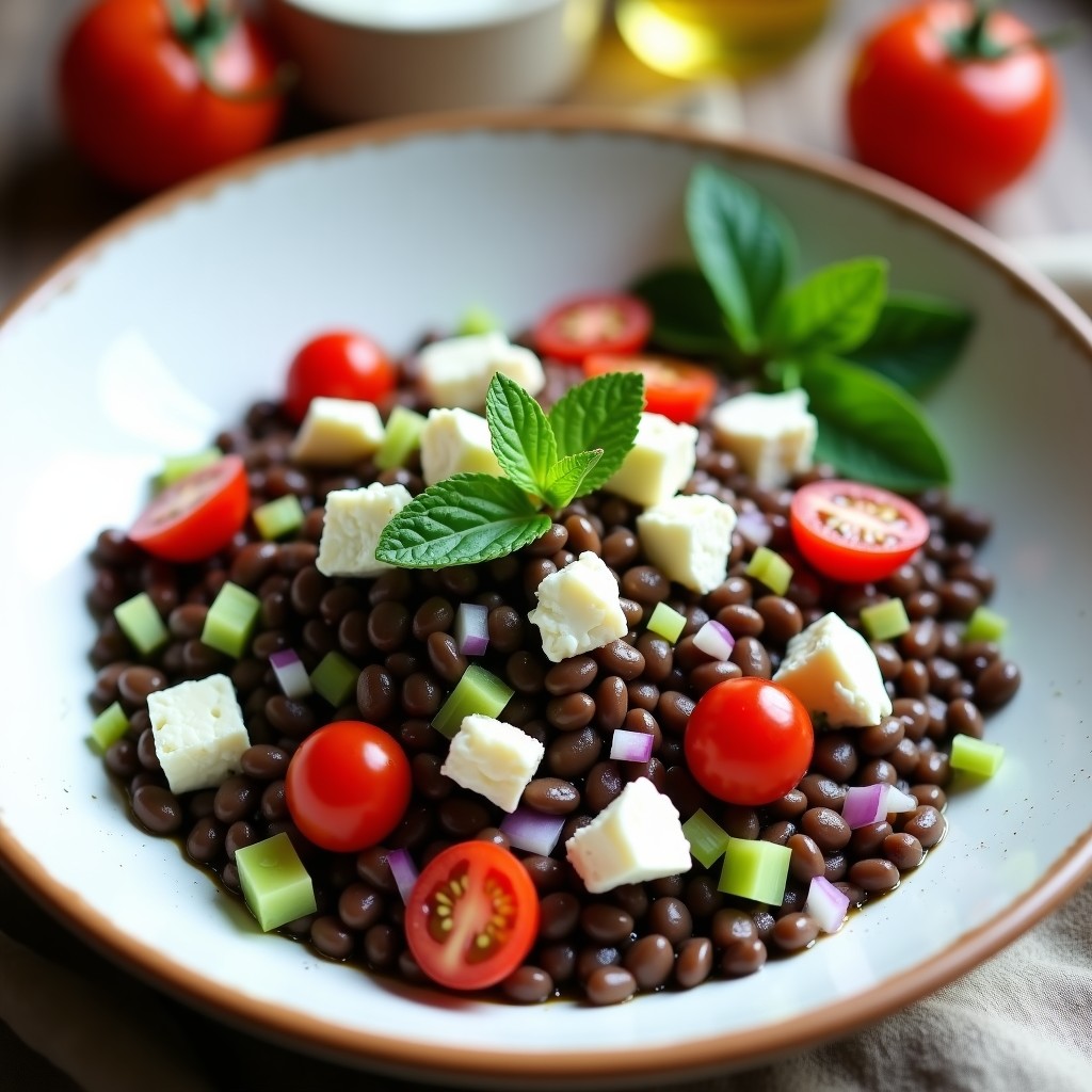 Ensalada de lentejas negras con queso de cabra desmenuzado, tomates cherry, cebolla morada y menta fresca, servida en un bol de cerámica blanca sobre fondo rústico.