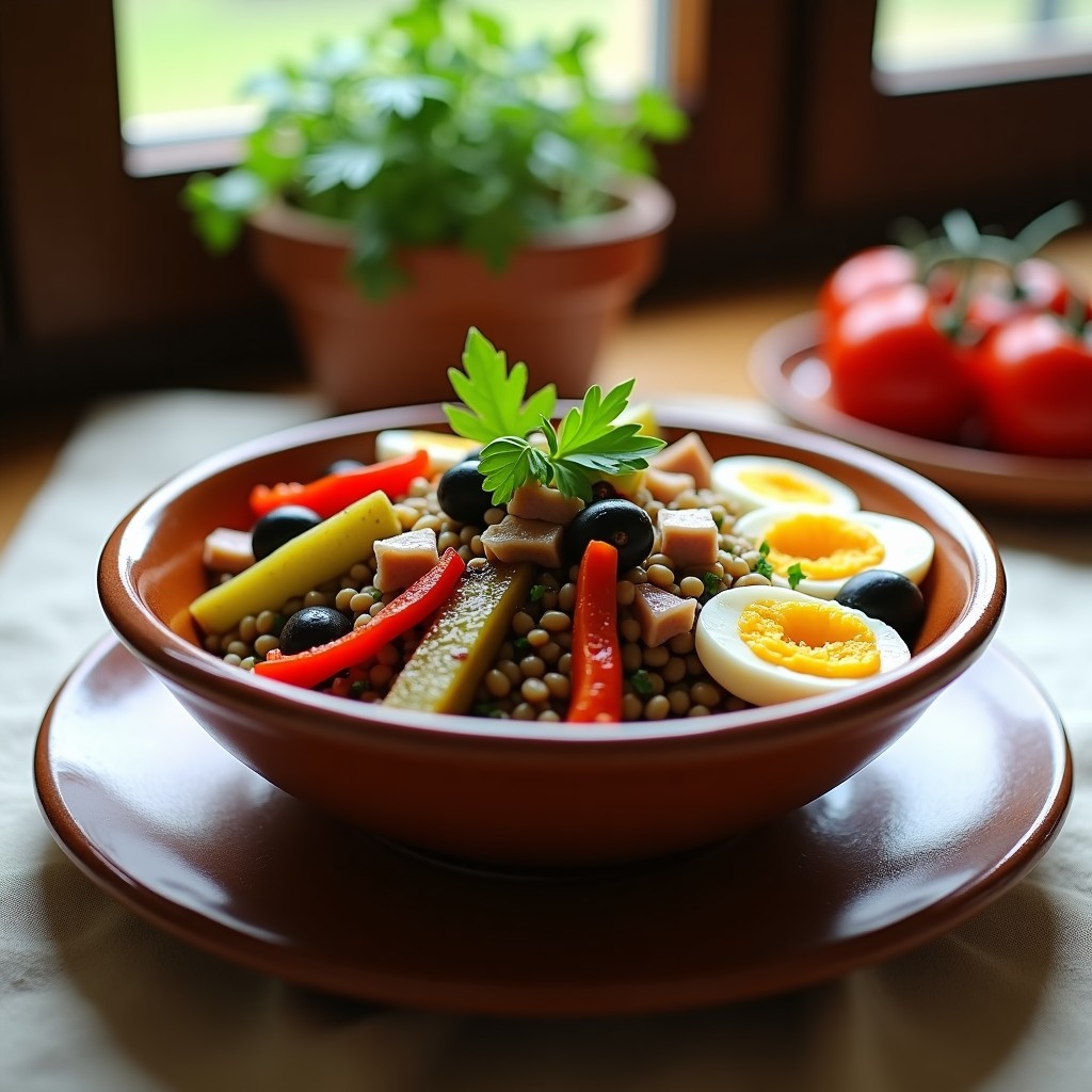 Ensalada fría de lentejas pardina con trozos de ventresca de atún, tiras de pimientos asados rojos y verdes, cebolla morada, huevo duro y aceitunas, servida en un plato hondo de barro con vinagreta dorada y perejil fresco espolvoreado. Receta española alta en hierro.