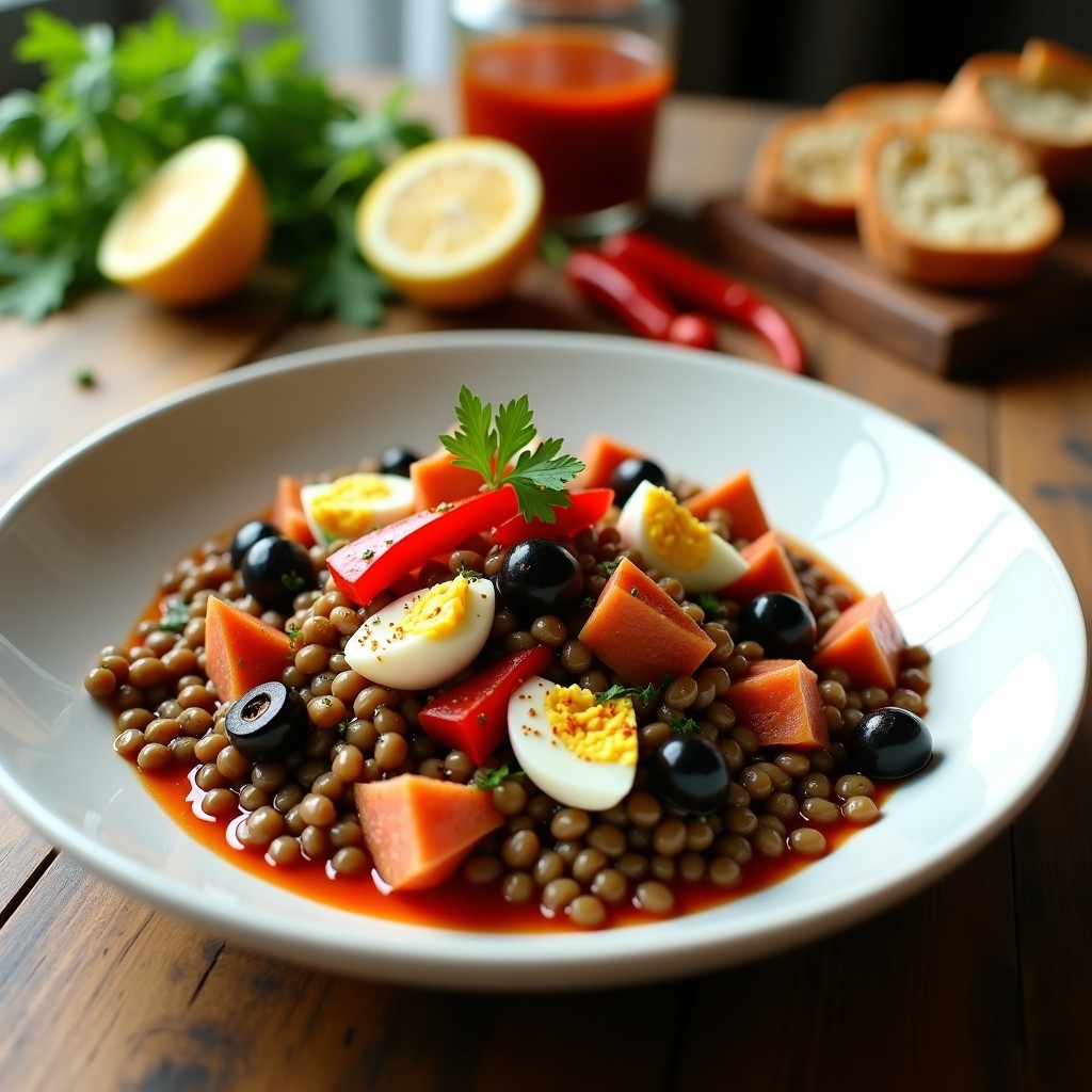Ensalada gourmet española en plato hondo de cerámica blanca: lentejas pardinas cocidas mezcladas con ventresca de atún en trozos, cebolla morada picada, pimiento rojo asado en tiras, huevo duro picado, aceitunas negras y perifollo fresco. Regada con vinagreta de pimentón de color rojizo y decorada con un hilo de aceite de oliva y pimentón espolvoreado.