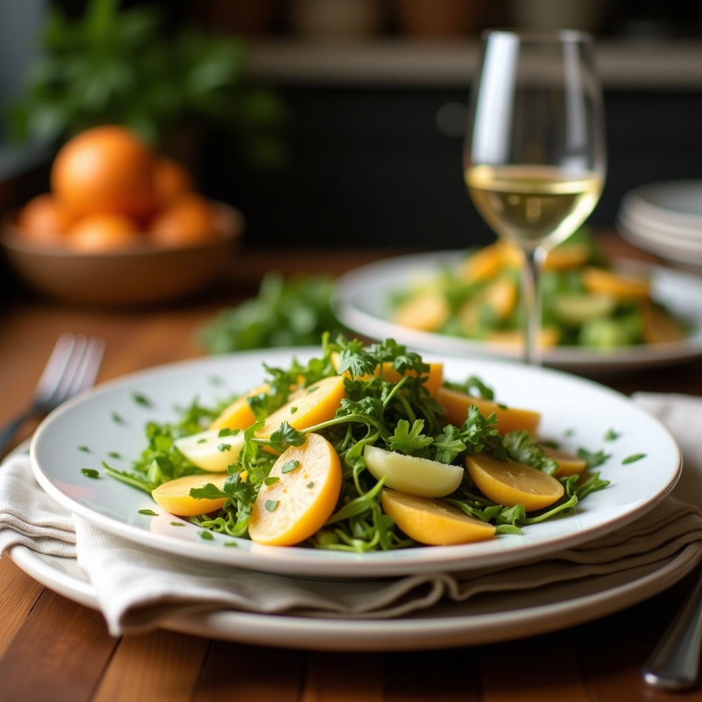 Ensalada francesa vegana y sin gluten en un plato blanco de cerámica: lentejas Puy oscuras mezcladas con cubos de manzana verde, cebolla morada, apio picado y espinacas baby, coronada con almendras fileteadas doradas y hojas de menta fresca. La vinagreta de sidra brilla ligeramente sobre los ingredientes, resaltando su frescura y textura crujiente.