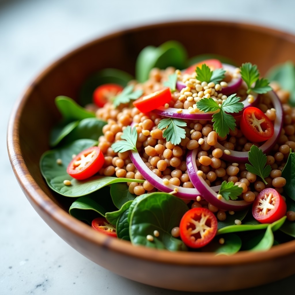 Ensalada fría de lentejas rojas y espinacas frescas con trozos de cebolla morada y pimiento rojo, decorada con semillas de sésamo y cilantro, servida en un bol de madera con aliño dorado.