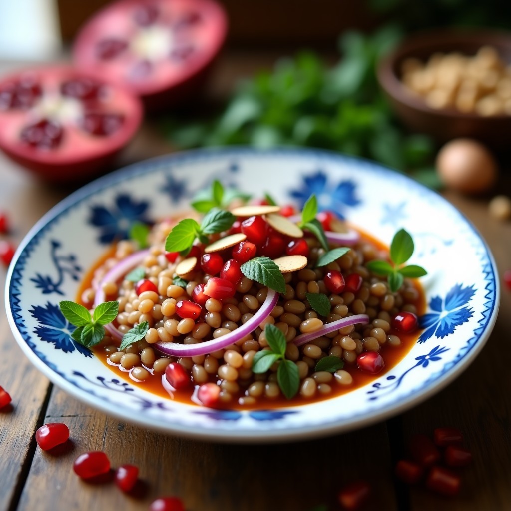 Ensalada iraní vegana en plato blanco de cerámica: lentejas rojas cocidas, semillas de granada rojas vibrantes, cubos de aguacate verde y almendras tostadas doradas, bañadas en vinagreta de naränj. Fondos borrosos de hierbas frescas y especias.