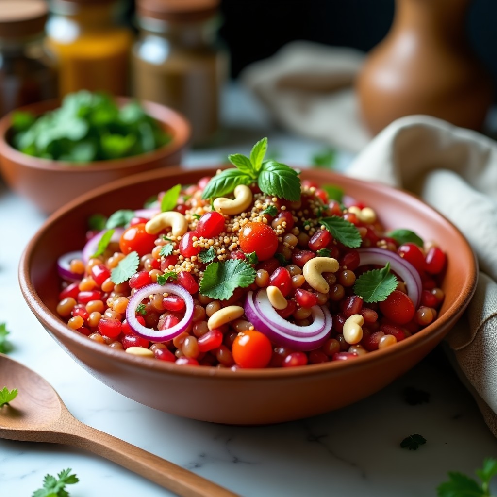 Ensalada fresca de lentejas rojas remojadas con semillas de granado rojo intenso, cebolla morada en juliana, tomates cherry y hierbas verdes (menta y cilantro). Aderezo cremoso de yogur de coco espolvoreado con comino tostado y anacardos dorados. Plato servido en bol de barro con fondo blanco, estilo rústico indio.