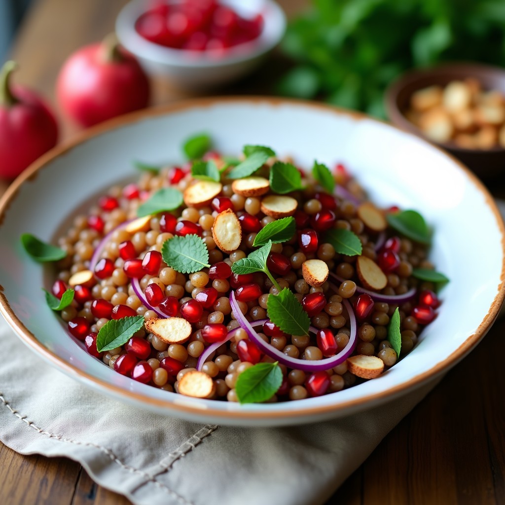 Ensalada libanesa colorida con lentejas rojas cocidas, granos de granado rojos brillantes y hierbas frescas, bañada en vinagreta de zaatar, servida en un bol de cerámica blanca con semillas de sésamo espolvoreadas.
