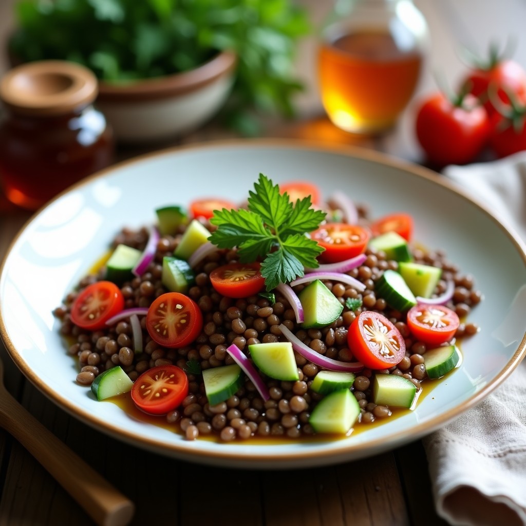 Ensalada fría de lentejas marrones con pepino, tomate cherry y cebolla morada, bañada en vinagreta dorada de mostaza y miel, servida en bol de cerámica blanca sobre fondo rústico.