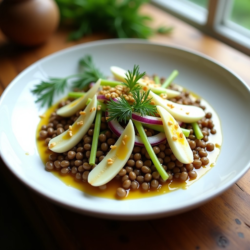 Ensalada fresca de lentillas y hinojo en bol de madera, con almendras fileteadas y vinagreta de mostaza y miel, decorada con eneldo. Receta alemana keto lista en 12 minutos.