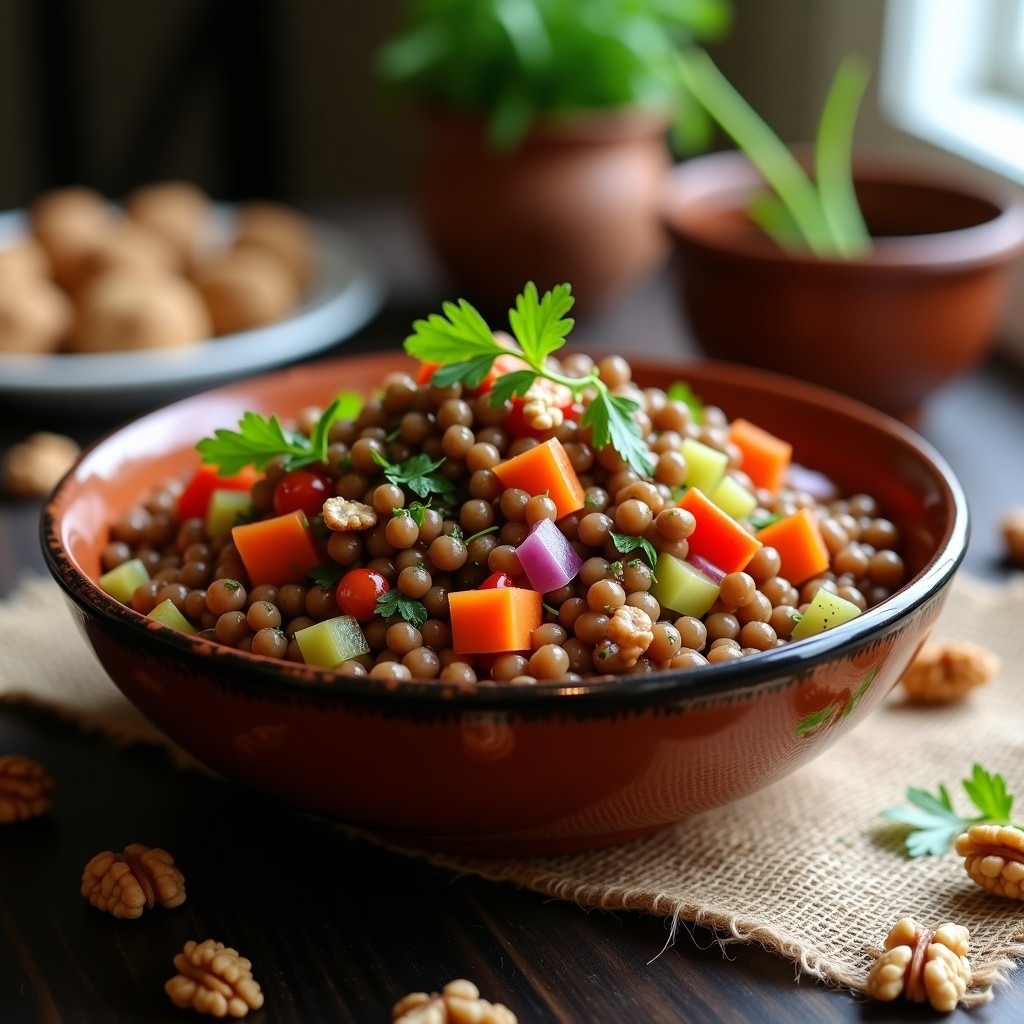 Ensalada de lentillas españolas en un plato de barro rústico, con trozos de cebolla morada, pimiento rojo, zanahoria y apio, bañada en vinagreta de mosto brillante. Nueces tostadas y perejil fresco decoran el plato. fondo de madera oscura con detalles de cocina tradicional.