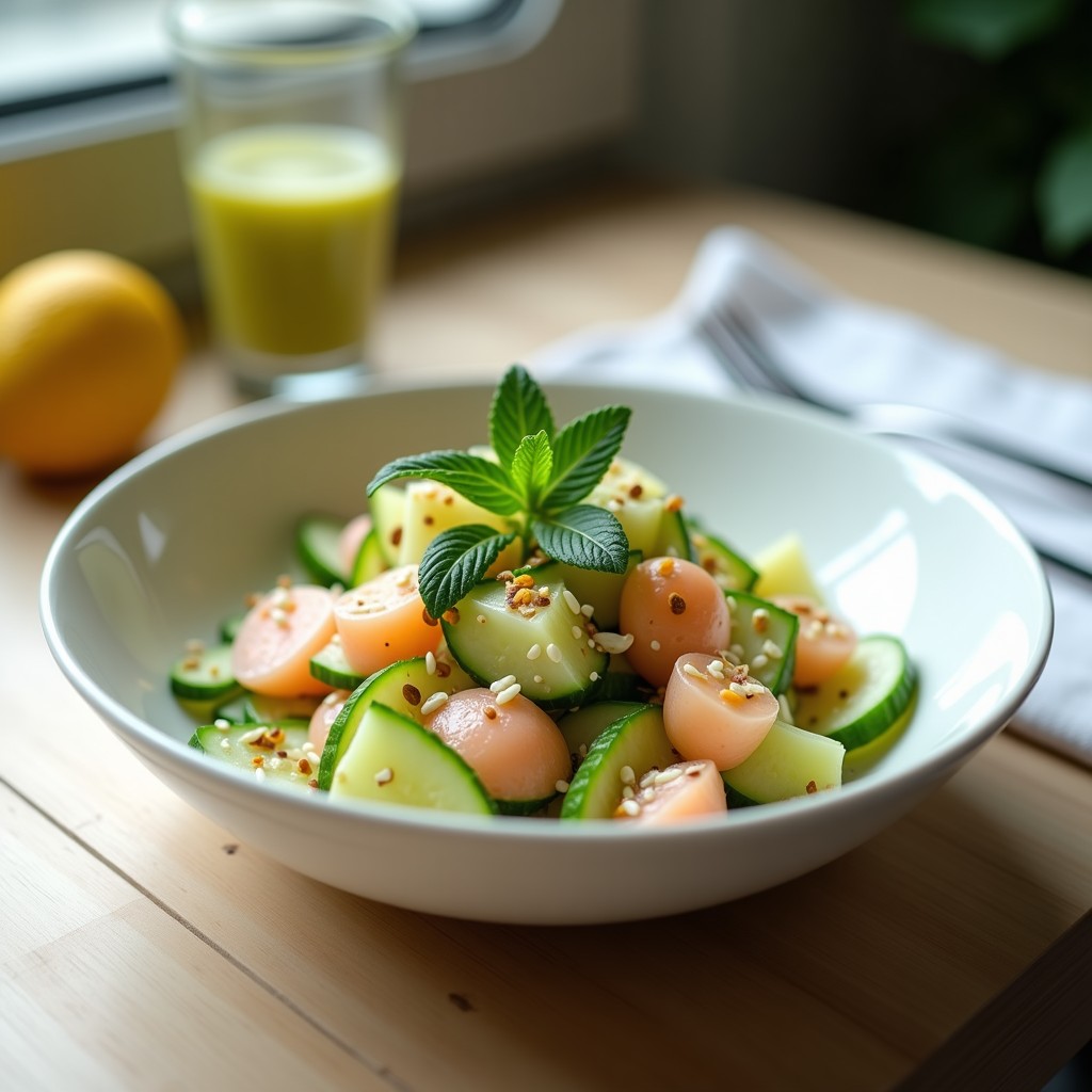Ensalada fresca de lichi y pepino en bol blanco, con rodajas de pepino verde, trozos de lichi rosado y vinagreta de lima y menta. Decorada con semillas de sésamo y hojas de menta sobre fondo de madera clara.