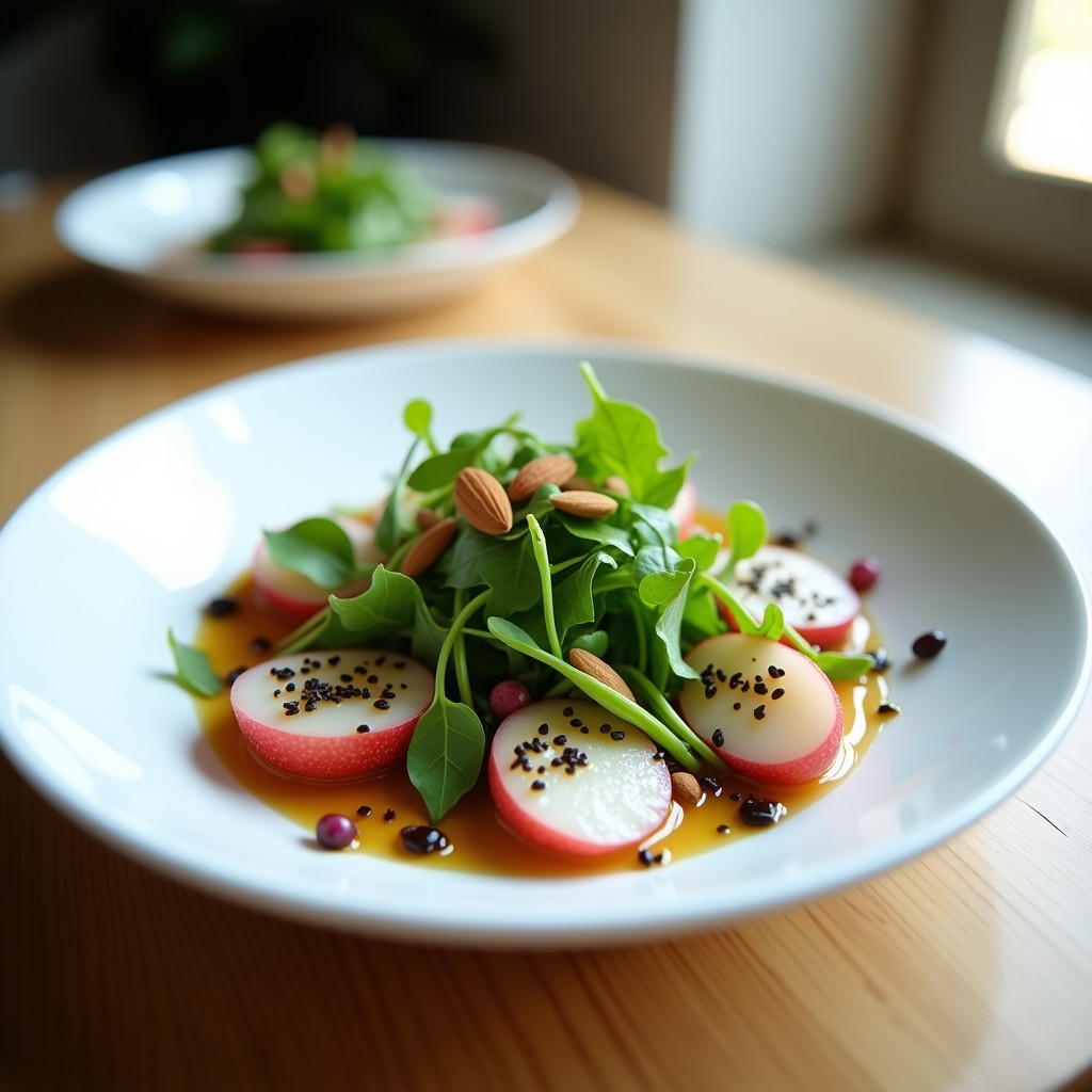 Ensalada fresca de lichi y rúcula con vinagreta de jengibre, servida en plato blanco con almendras tostadas y semillas de sésamo negro, receta exótica y detox.
