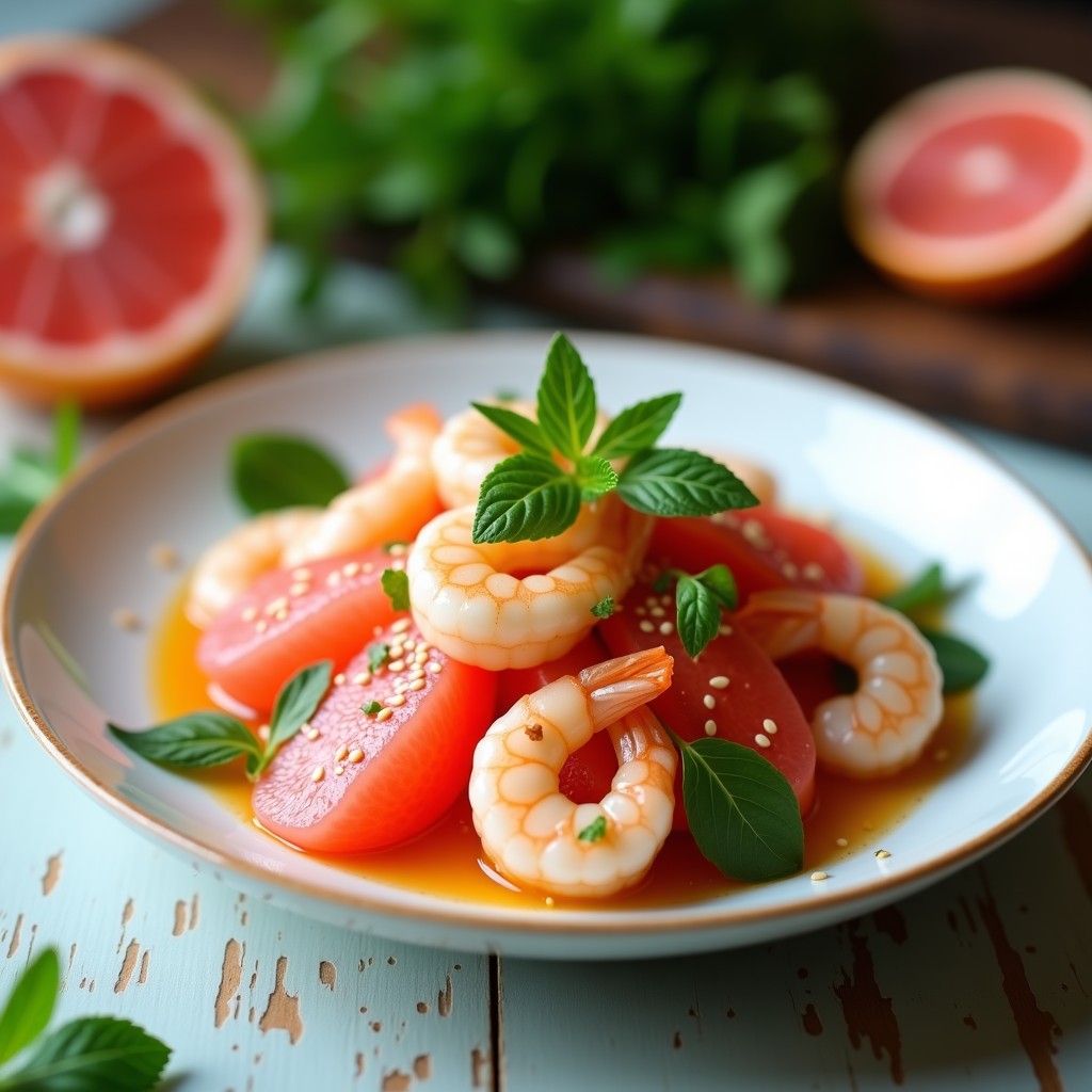 Ensalada de Litchi, Pomelo y Camarones con Vinagreta de Jengibre: Receta Tailandesa Refrescante