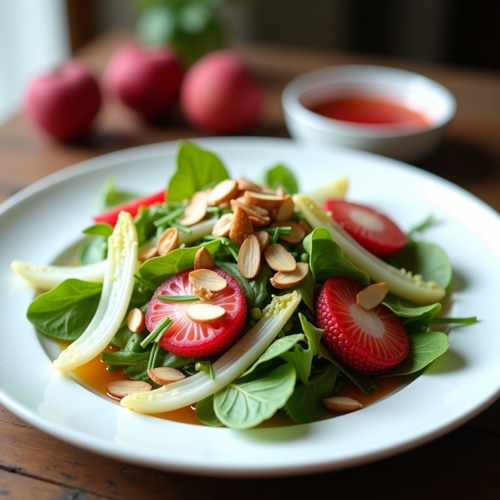 Ensalada francesa vegana de litchis frescos y endivias belgas con vinagreta de vinagre de frambuesa, decorada con almendras fileteadas y cebollino, servida en plato blanco sobre fondo rústico de madera.