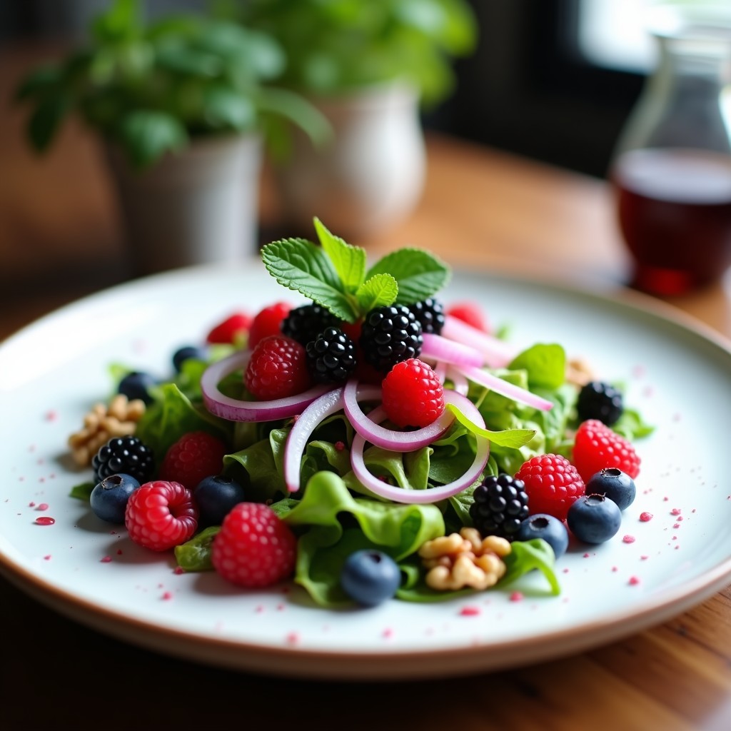Ensalada gourmet de hojas de mache verde intenso con frutos rojos vibrantes (arándanos, frambuesas y moras), bañada en una vinagreta brillante de vinagre balsámico y reducción de frambuesa, decorada con almendras tostadas y hojas de menta fresca sobre un plato blanco rústico.
