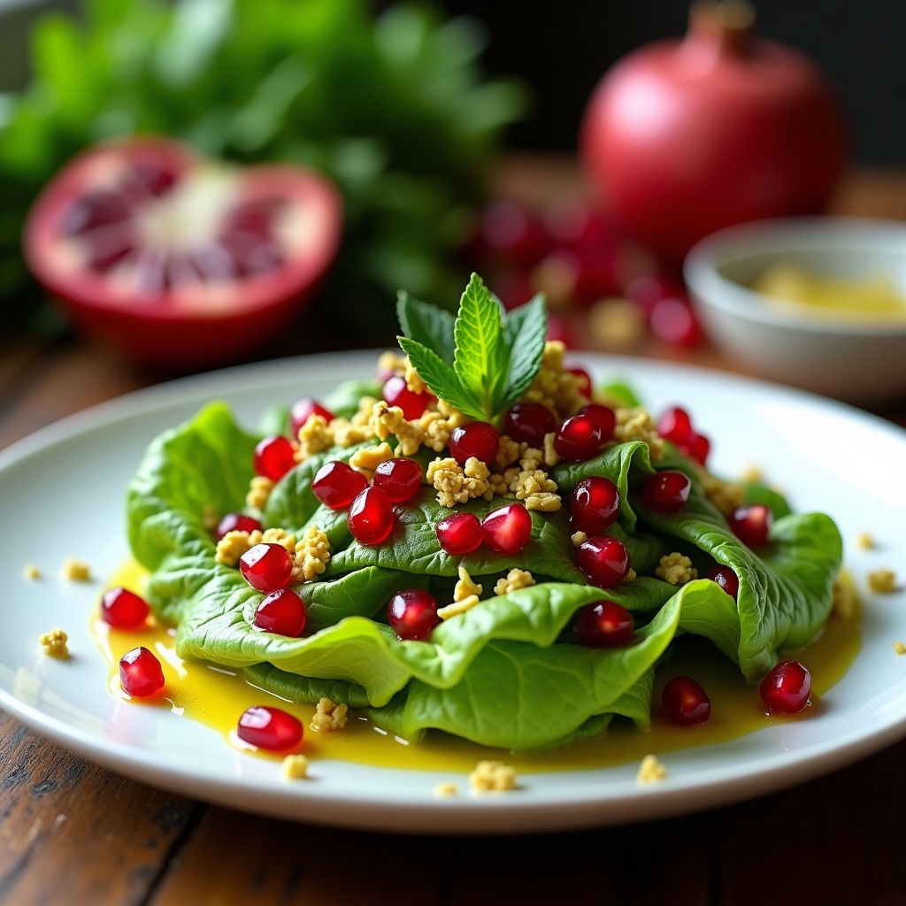 Ensalada fresca de mache y granadas con vinagreta de pistacho, servida en un plato blanco con pistachos tostados y hojas de menta. Receta francesa alta en omega-3.