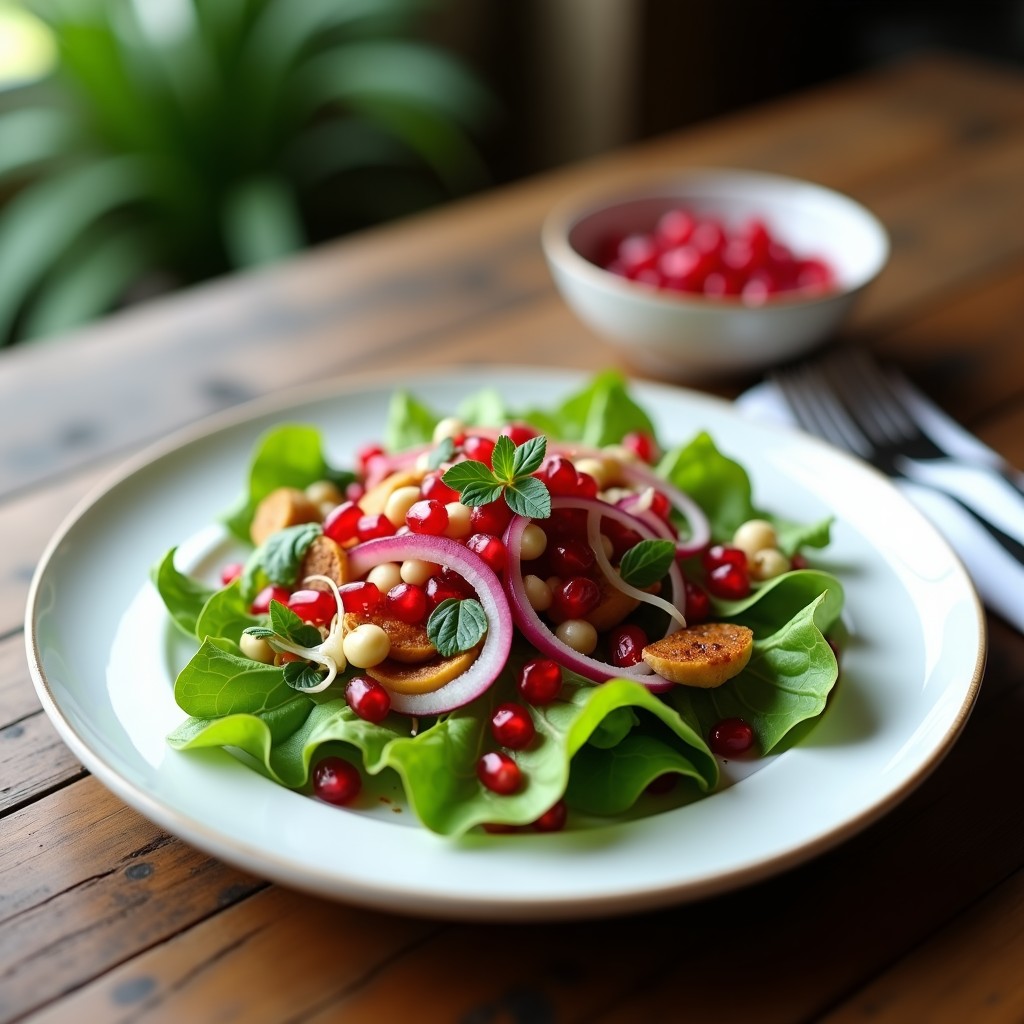 Ensalada francesa de mache fresco con semillas de granada rojas vibrantes, cebolla morada en juliana, nueces de macadamia tostadas y vinagreta de mostaza de Dijon, servida en plato blanco con hojas de estragón.