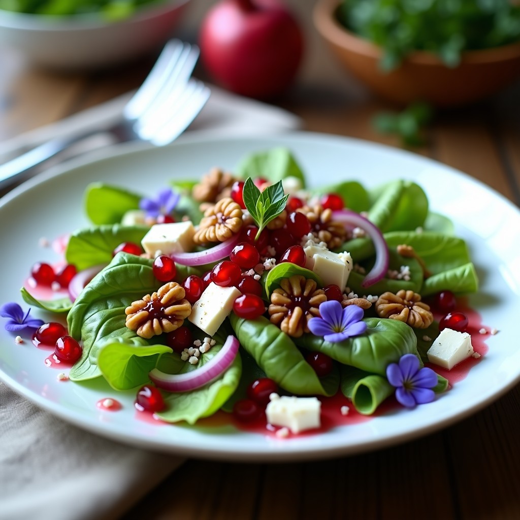 Ensalada francesa gourmet de mache y granados con vinagreta de vinagre de frambuesa, servida en fuente blanca con queso de cabra desmenuzado, nueces tostadas y flores comestibles de borraja.
