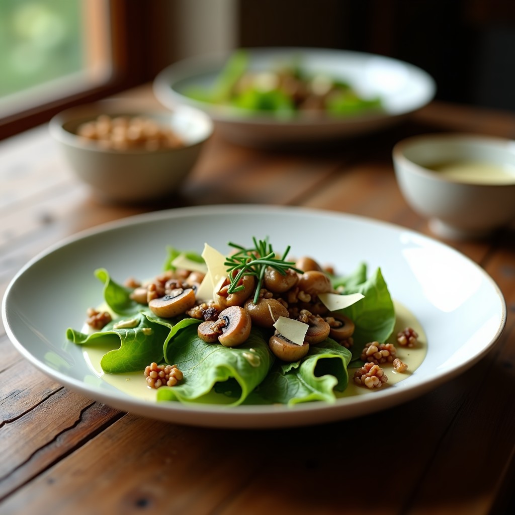 Ensalada francesa de otoño con mache fresco, níscalos salteados dorados, queso de cabra desmenuzado y nueces de macadamia, bañada en vinagreta de trufa blanca, servida en plato de cerámica blanca con decoración de cebollino y láminas de trufa.