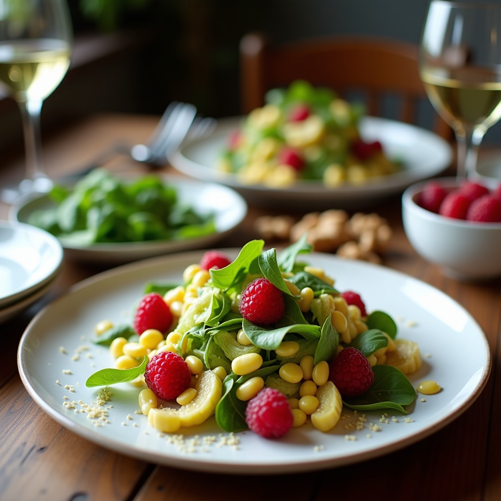 Ensalada francesa crudivegana de mache fresco con frambuesas enteras y trozos de nueces tostadas, bañada en una vinagreta rosada de frambuesas. Servida en un plato blanco con hojas de menta y cebolla morada en juliana, sobre un fondo rústico de madera.