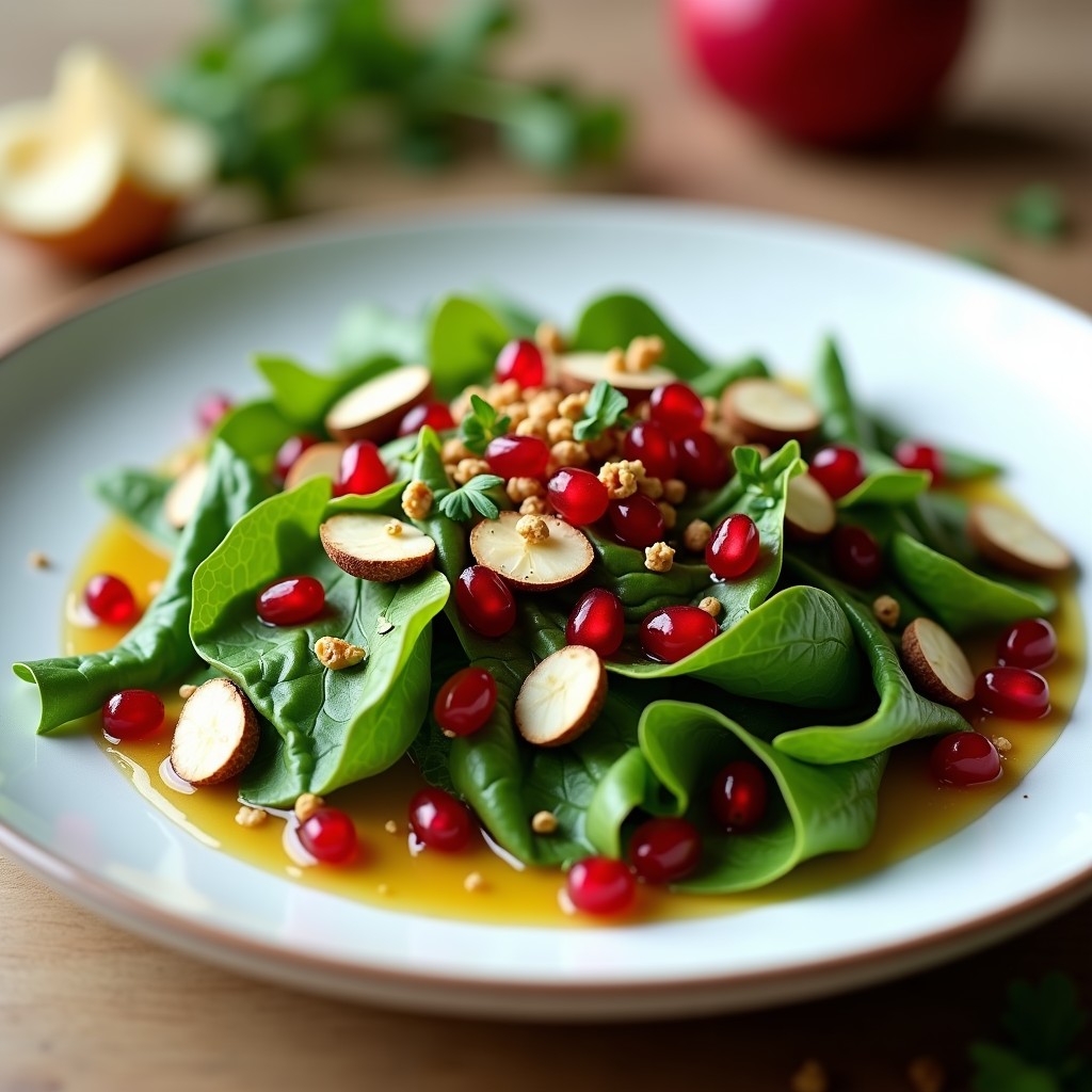 Ensalada francesa de mache fresco con granos de granada rojos vibrantes, almendras tostadas y vinagreta dorada de mostoza, servida en plato blanco rústico con cebollino picado.