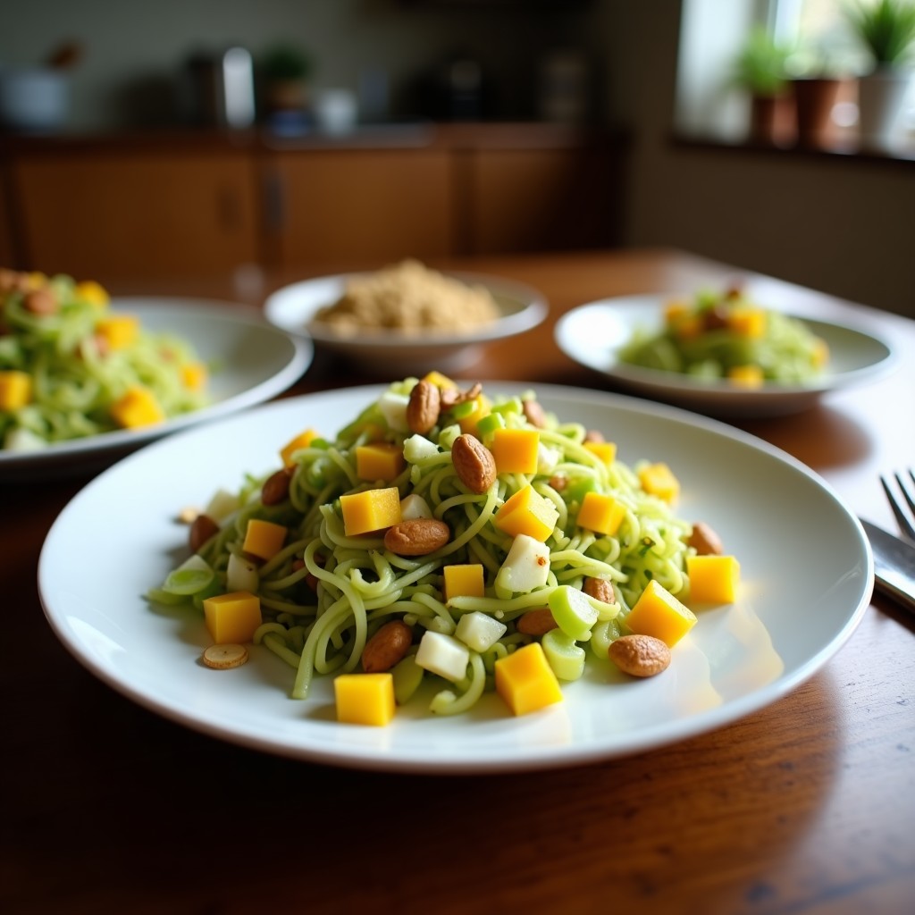 Ensalada de Manggalore en bol de madera oscuro, con julianas de mango verde brillante, coco rallado blanco, cacahuetes tostados dorados y cilantro fresco. Aderezo espeso con especias visibles. Presentación rústica sobre fondo de hojas de plátano.
