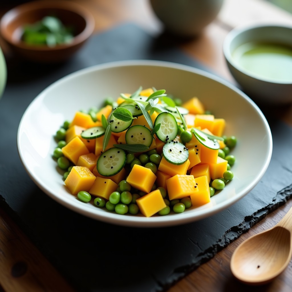 Ensalada de Mango y Edamame con Aderezo de Wasabi: Receta Japonesa Fresca y Picante