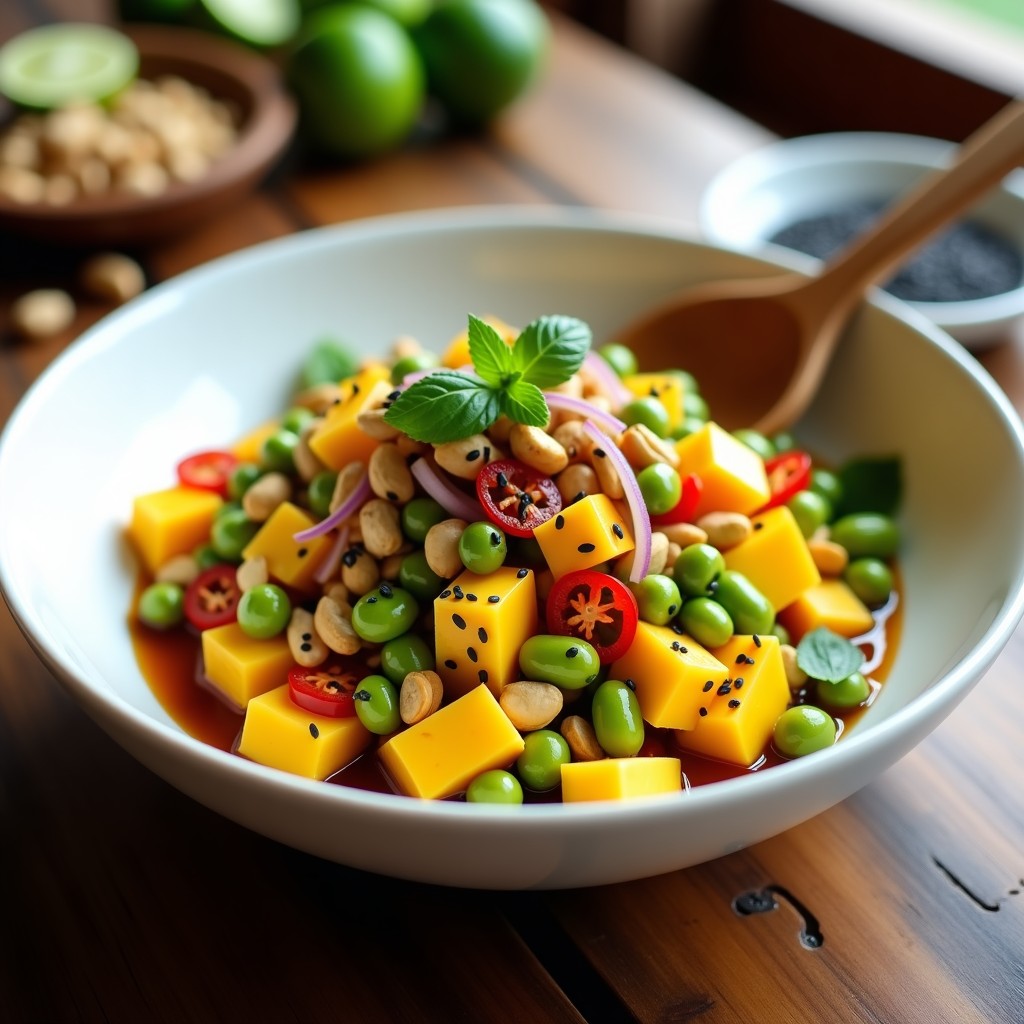 Ensalada asiática fresca en cuenco blanco con trozos de mango amarillo, edamame verde, cacahuetes tostados y aderezo brillante de lima y miel de agave, decorada con semillas de sésamo y hojas de menta.