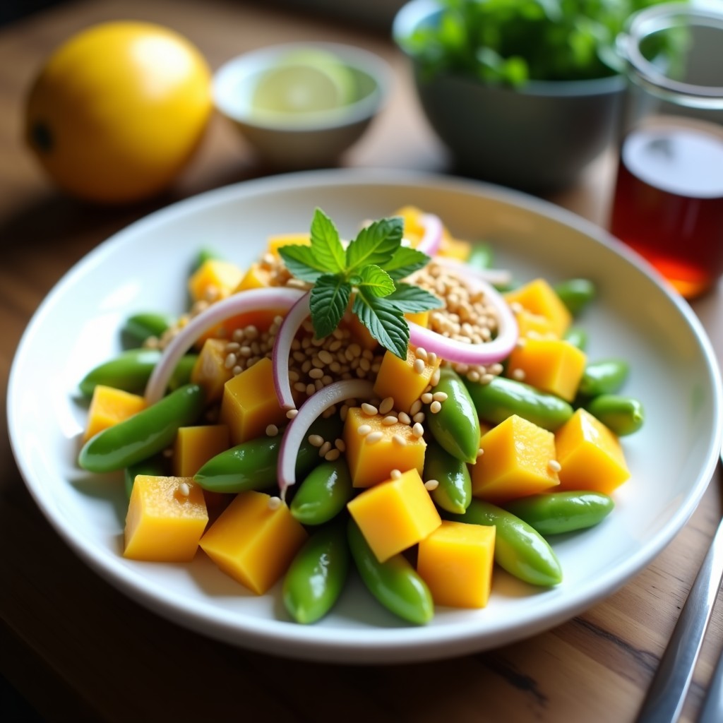 Ensalada asiática fresca en bol de cerámica blanca con mango dorado en cubos, edamame verde brillante, pepino y cebolla morada, bañada en vinagreta de sésamo y lima, decorada con semillas de sésamo tostadas y hojas de menta.
