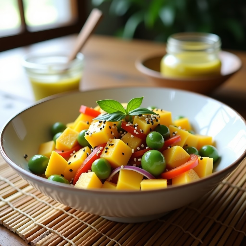 Ensalada japonesa baja en calorías con cubos de mango dorado, edamame verde brillante, cebolla morada y pimiento amarillo, espolvoreada con semillas de sésamo negro y blanco. Servida en un bol blanco de cerámica con vinagreta de wasabi al lado, sobre un mantel de bambú.