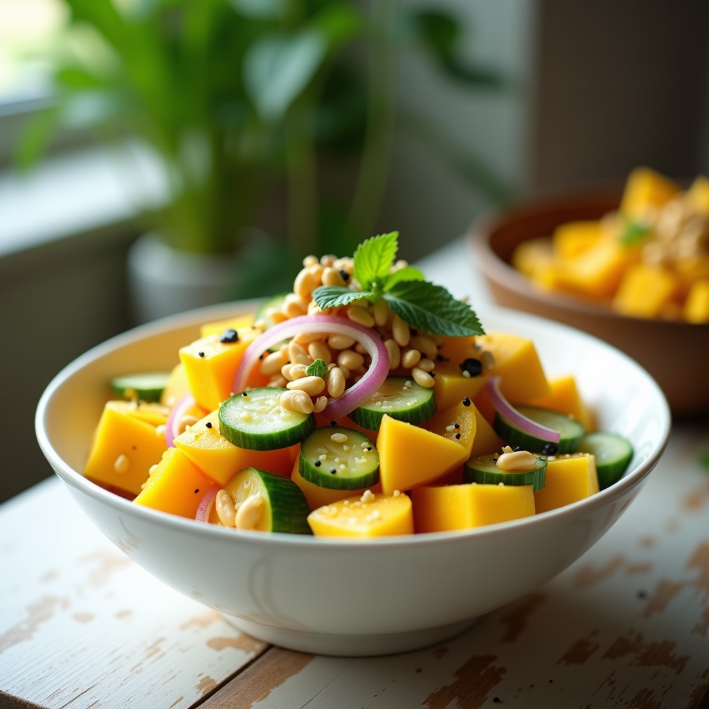 Ensalada fresca y colorida de mango en cubos dorados, pepino en medias lunas verdes y cebolla morada en juliana, coronada con cacahuetes picados y semillas de sésamo negro. El plato está servido en un bol blanco sobre un fondo de madera clara, con hierbas frescas de menta y cilantro espolvoreadas. Receta vegana de ensalada de mango, pepino y cacahuetes con aderezo de lima.