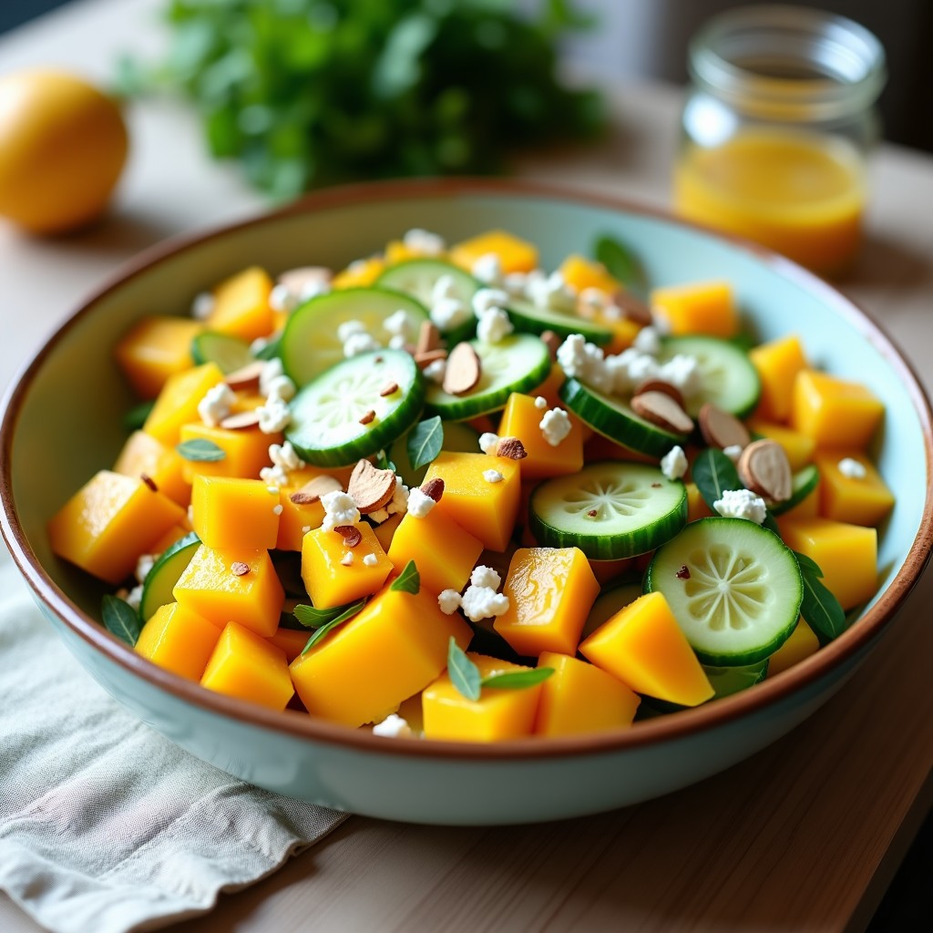 Ensalada de Mango, Pepino y Mentira con Aderezo de mostaza y miel: Receta Fresca en 10 Minutos