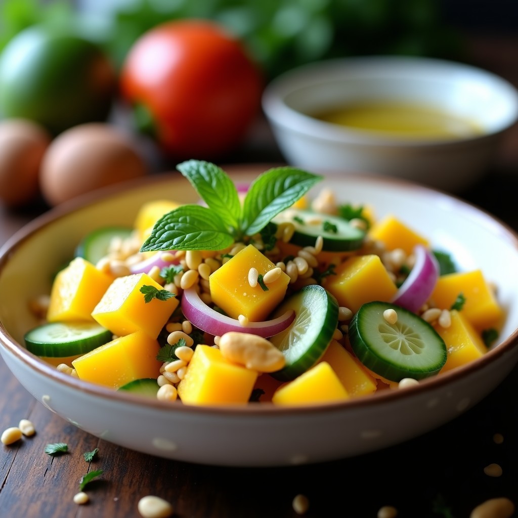 Ensalada fresca y colorida de mango en cubos dorados, pepino en medias lunas, cebolla morada y hojas de mentolado, con cacahuates tostados encima. Bañada en vinagreta de lima y chile, servida en un plato blanco rústico con fondo de madera.
