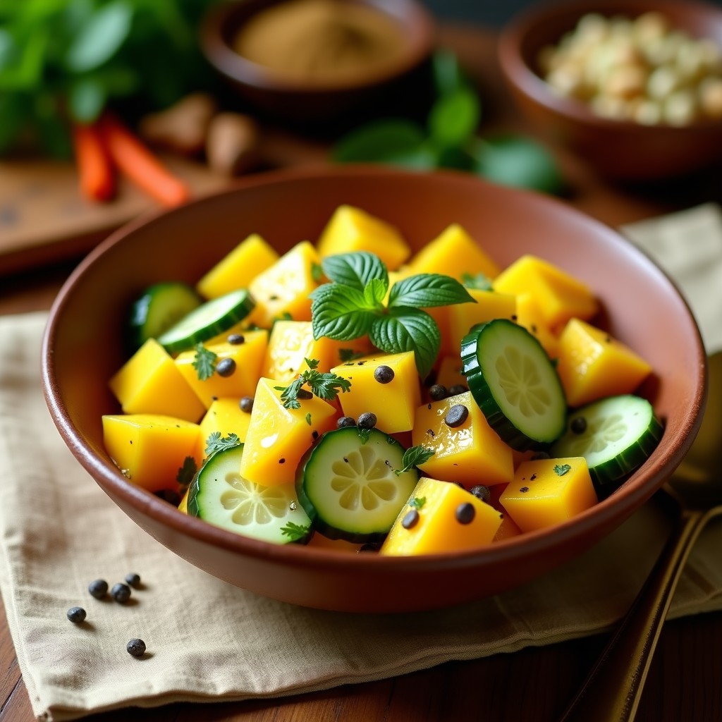 Ensalada india refrescante de mango maduro en cubos, pepino persa en rodajas y semillas de mostaza doradas, decorada con cilantro y menta fresca, servida en un bol de cerámica blanca sobre una mesa de madera rústica.