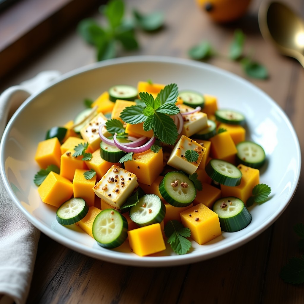 Ensalada de Mango, Pepino y Queso Paneer con Vinagreta de Mostaza: Receta India Fresca y Crujiente
