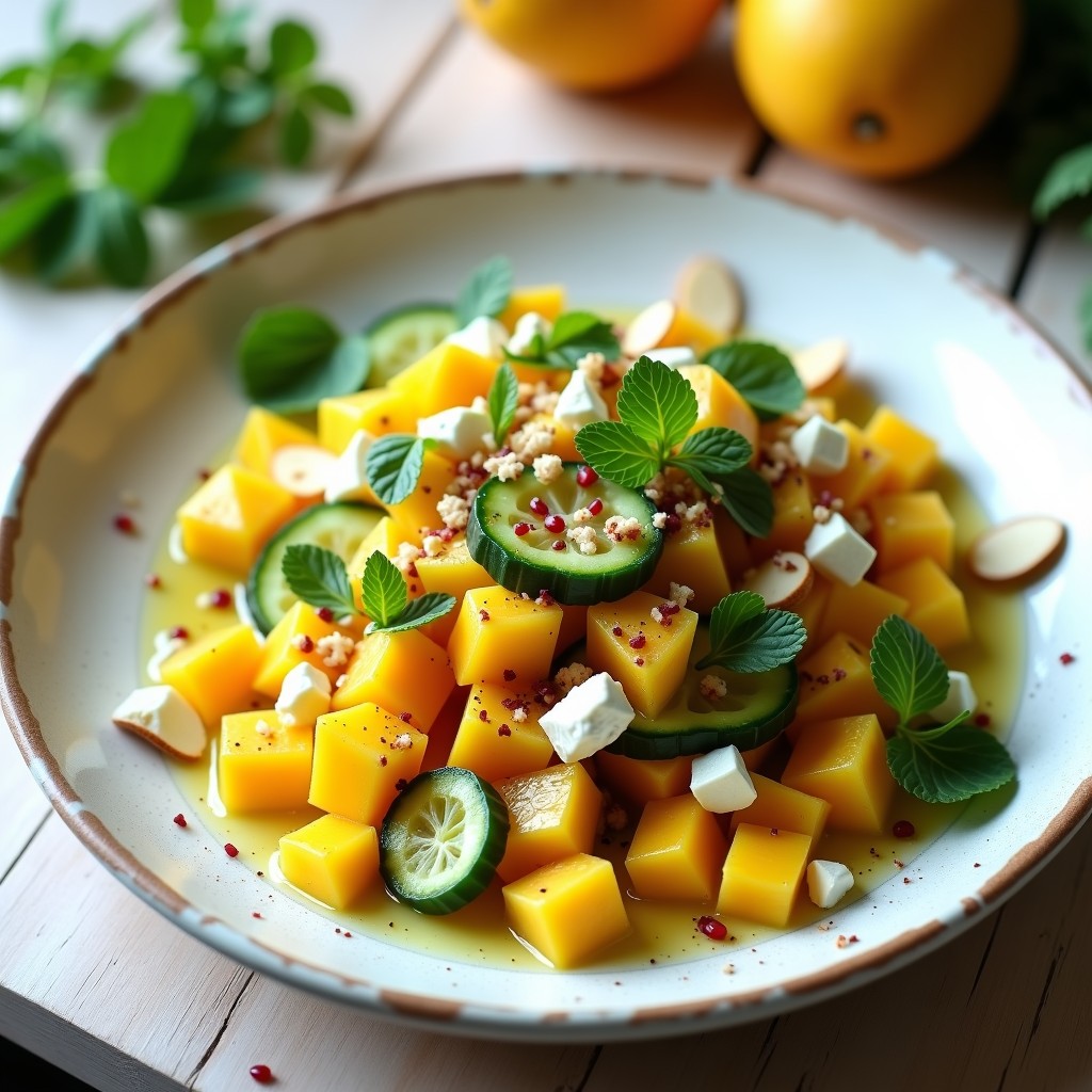 Ensalada árabe fresca en plato de cerámica blanca con cubos de mango dorado, pepino verde brillante, queso feta desmenuzado y almendras tostadas, decorada con hierbabuena y cilantro, con un aderezo dorado de limón confitado y comino.