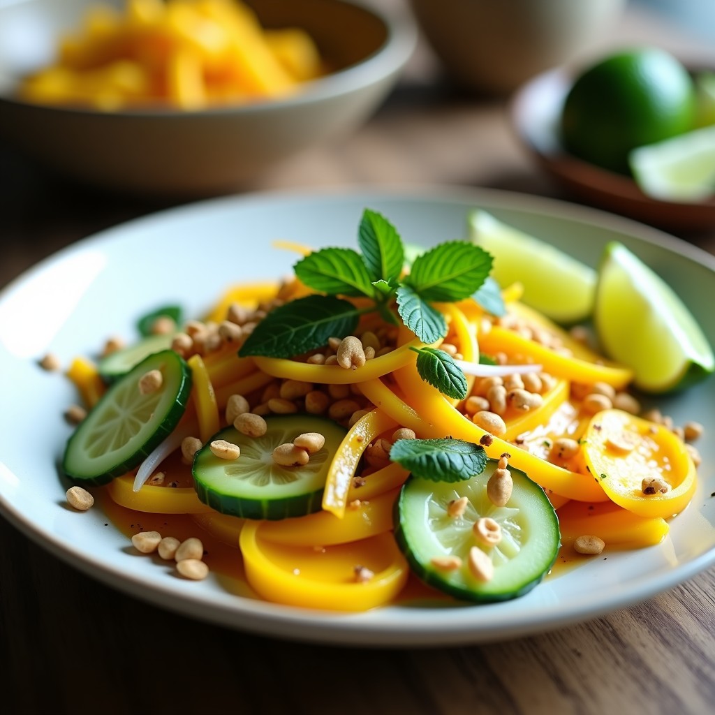 Ensalada tailandesa de mango verde y pepino en juliana, con cebolla morada, menta y cilantro fresco, bañada en vinagreta de tamarindo. Decorada con cacahuetes tostados triturados y rodajas de limón verde sobre un plato blanco rústico.