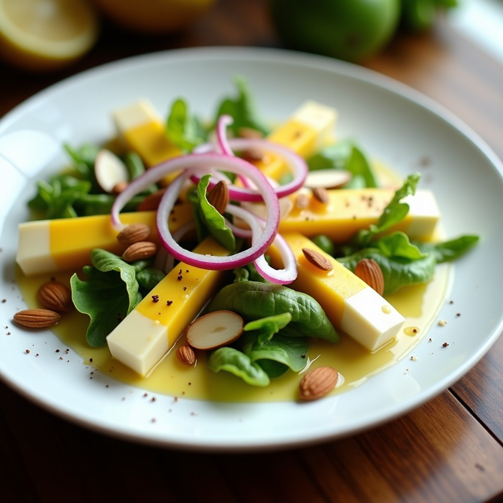 Ensalada fresca en bol blanco con mango verde en juliana, queso de cabra desmenuzado, lechuga romana, cebolla morada y almendras tostadas. Aderezo brillante de vinagreta de miel vertido sobre los ingredientes. Fondo de madera clara con cilantro fresco como decoración.