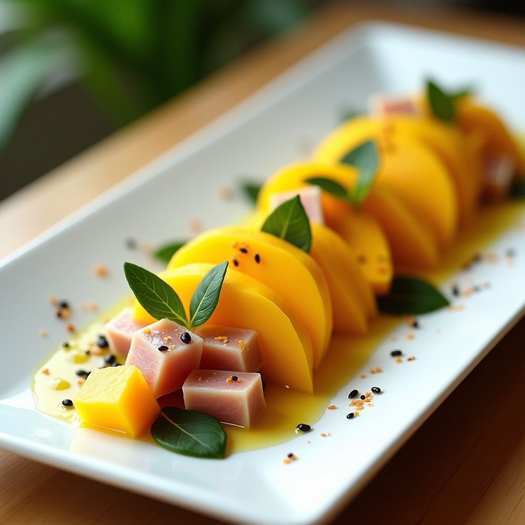 Plato blanco rectangular con ensalada de mango y ventresca con aderezo de yuzu: láminas doradas de mango, dados de ventresca de atún marinada, semillas de sésamo negro espolvoreadas y hojas de shiso morado como base. Decorado con cebollino fresco y un hilo de aderezo amarillo cítrico.