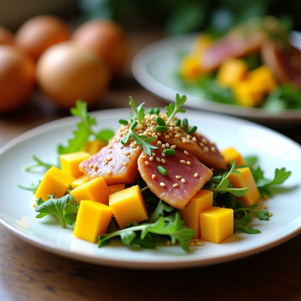 Ensalada gourmet española con cubos de mango amarillo, tacos de ventresca de atún, rúcula baby, crujiente de sésamo tostado y vinagreta brillante, servida en fuente de cerámica blanca.