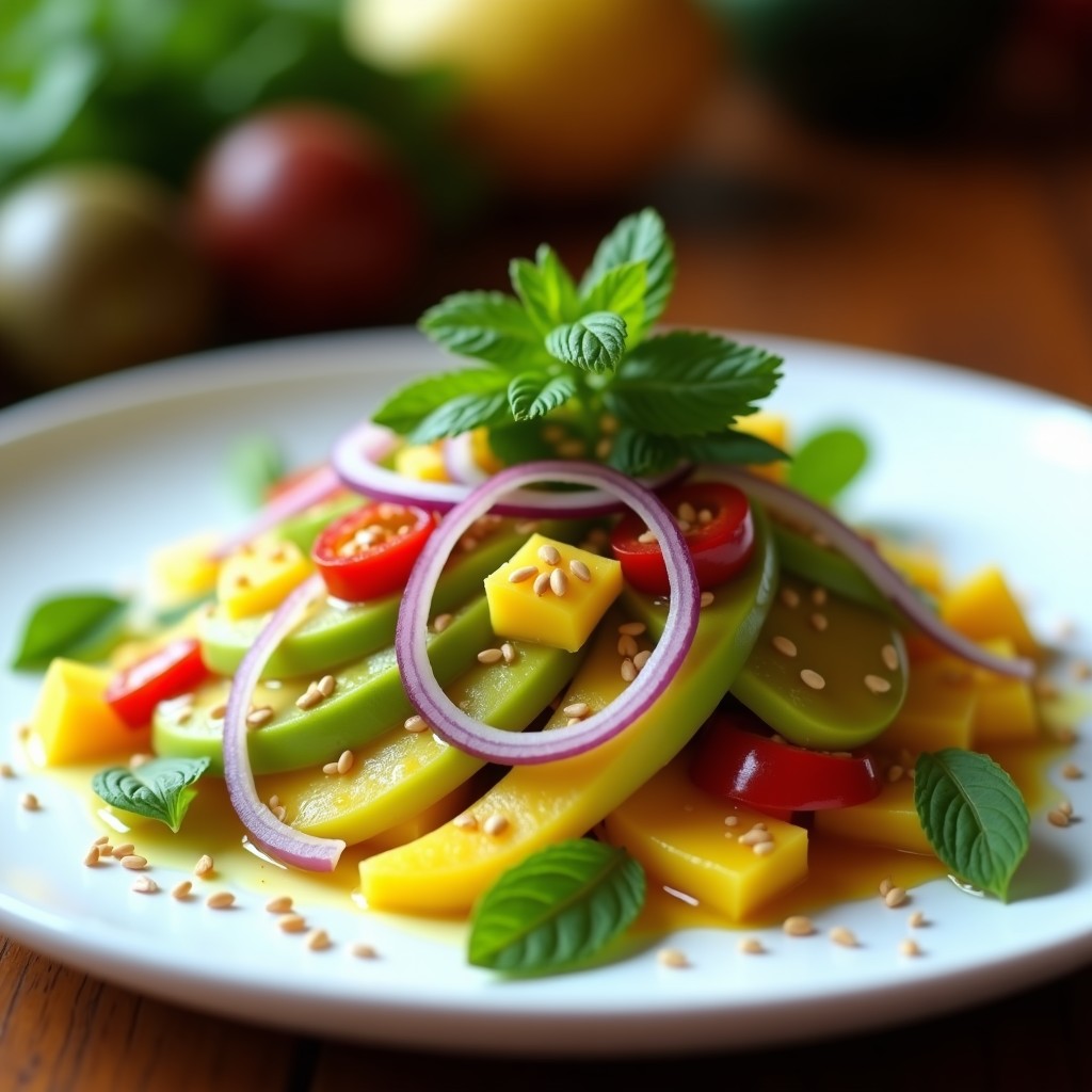 Ensalada fresca y colorida de mango verde en juliana, flor de izote tierna, cebolla morada y pimiento rojo, bañada con vinagreta de maracuyá. decorada con semillas de sésamo y hojas de menta, servida en un plato blanco sobre fondo rústico.