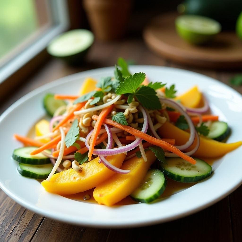 Ensalada tailandesa crujiente de mango verde en juliana, zanahoria rallada, pepino y cebolla morada, bañada en vinagreta de tamarindo, decorada con cacahuates tostados picados, cilantro y menta fresca, servida en plato blanco sobre fondo de madera rústica.