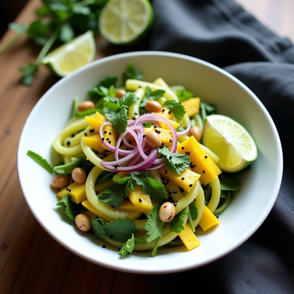 Ensalada vietnamita keto en bol de cerámica blanca, con juliana de mango verde, cubos de aguacate, pepino en media luna, cebolla morada, cacahuetes tostados machacados y semillas de sésamo negro. Decorada con hojas de menta, cilantro fresco y rodajas de lima. Aliño brillante con toques de jengibre y chile rojo.